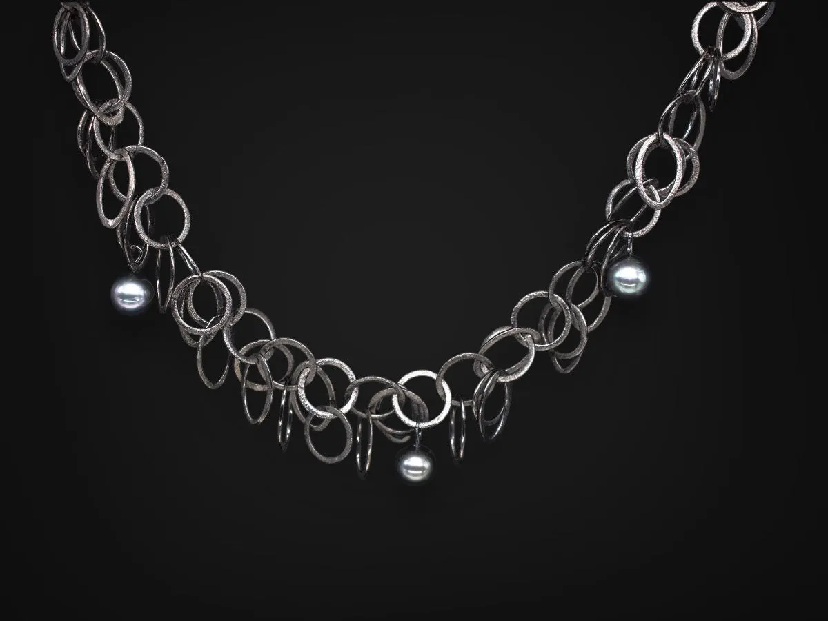 10-11 mm. Freshwater Pearl Necklace in Oxidized Sterling Silver