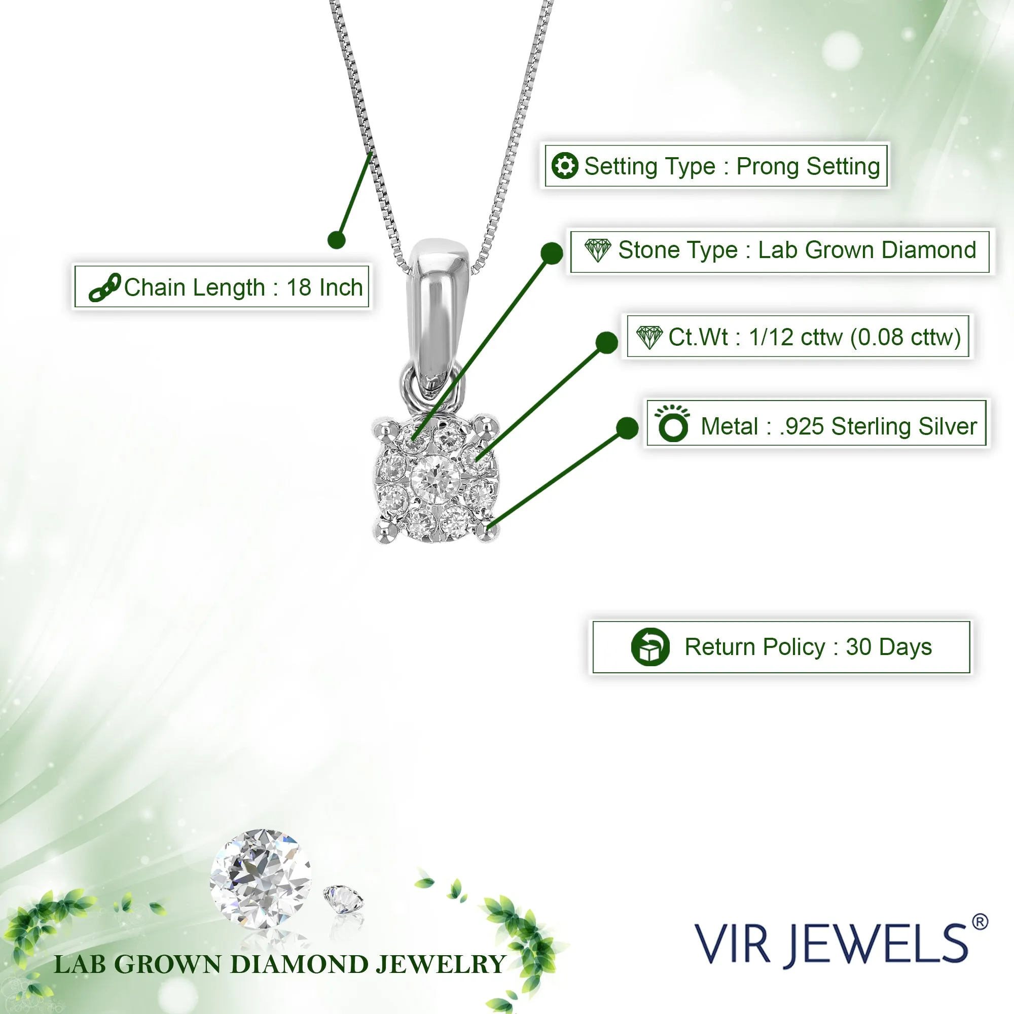 1/12 cttw Lab Grown Diamond Cluster Pendant in Sterling Silver