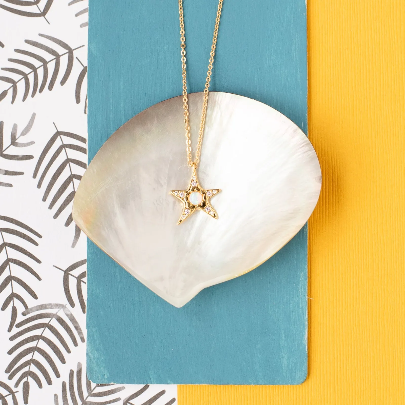 14k Gold Star Opal and Cubic Zirconia Charm Necklace