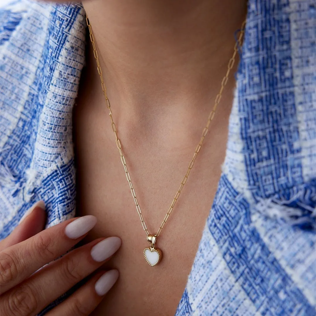 14k Gold White Heart Necklace on Paperclip Chain