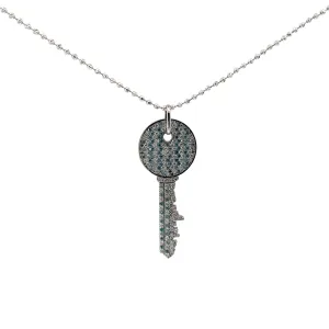 14k White Gold 2.52ct Total Weight of Blue and White Round Diamond Key Necklace