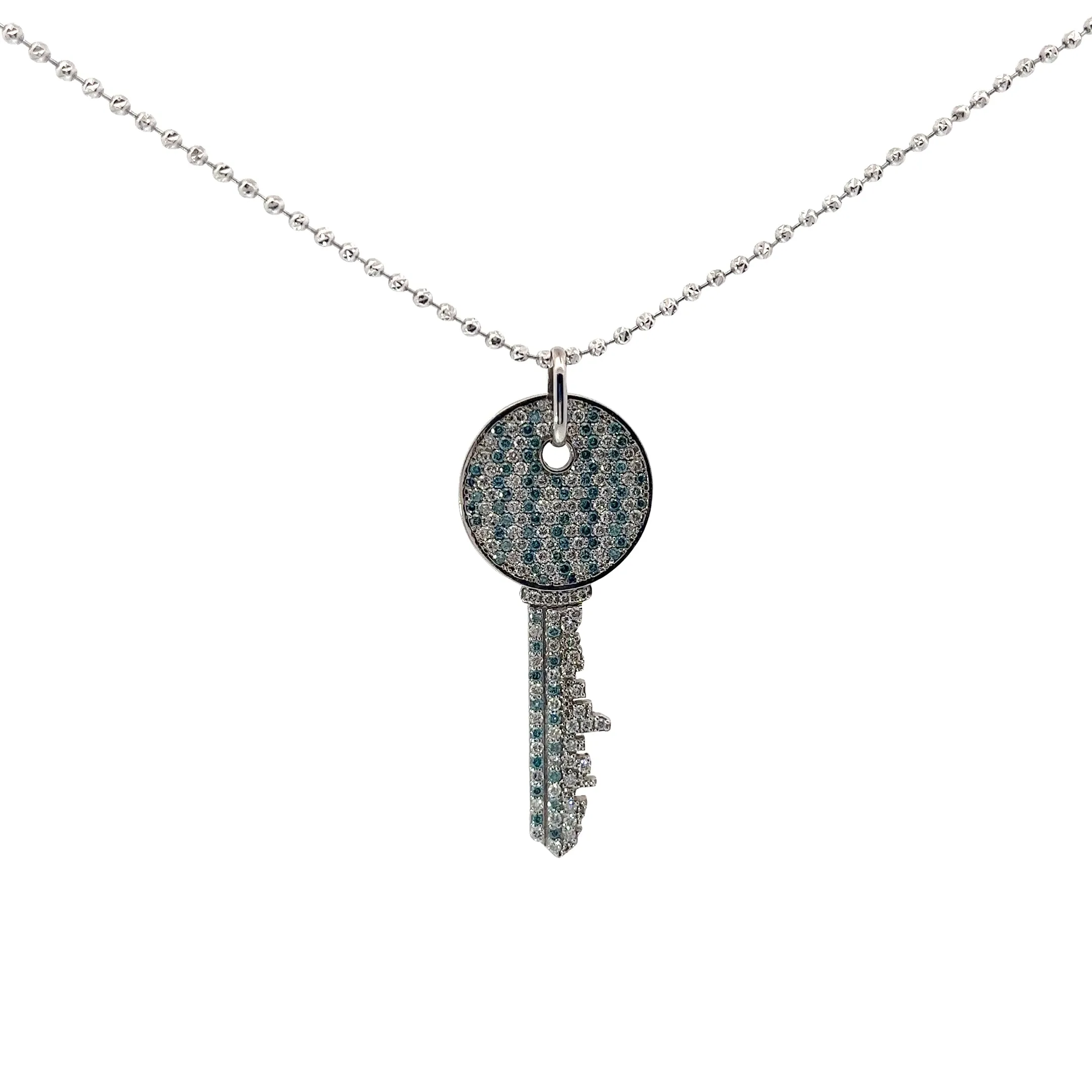 14k White Gold 2.52ct Total Weight of Blue and White Round Diamond Key Necklace