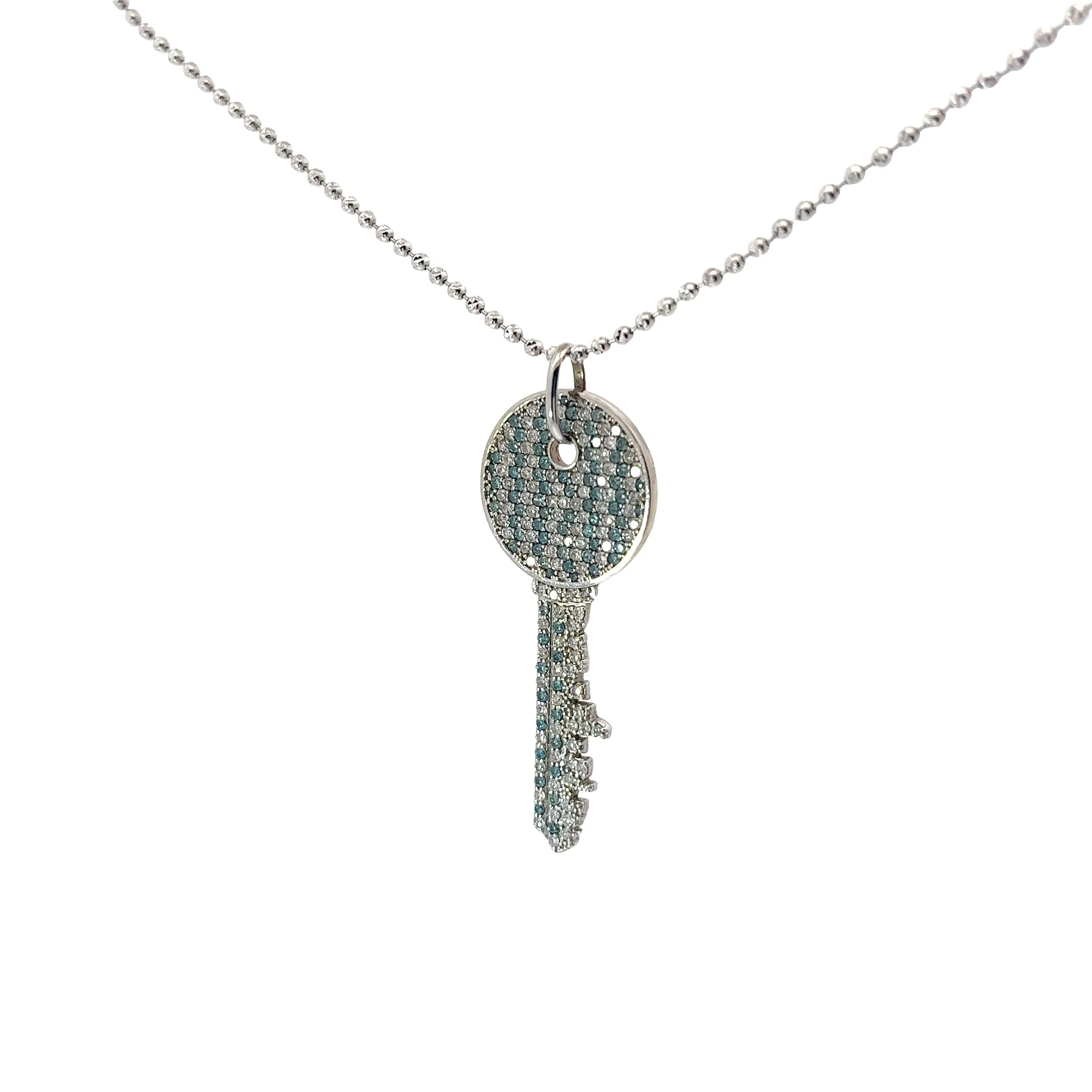 14k White Gold 2.52ct Total Weight of Blue and White Round Diamond Key Necklace