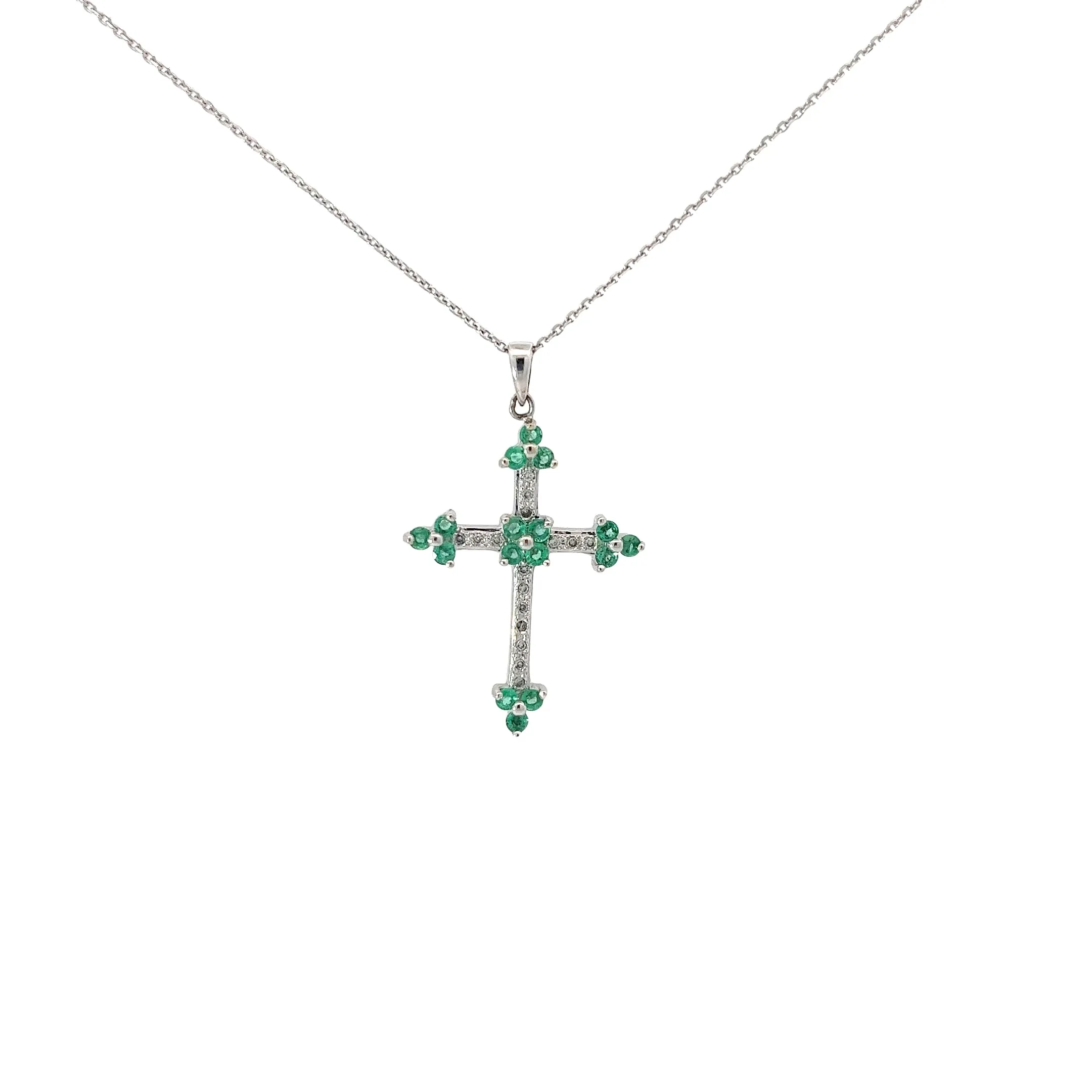 14k White Gold .40ct G SI1 Diamond and .15ct Emerald Cross Necklace
