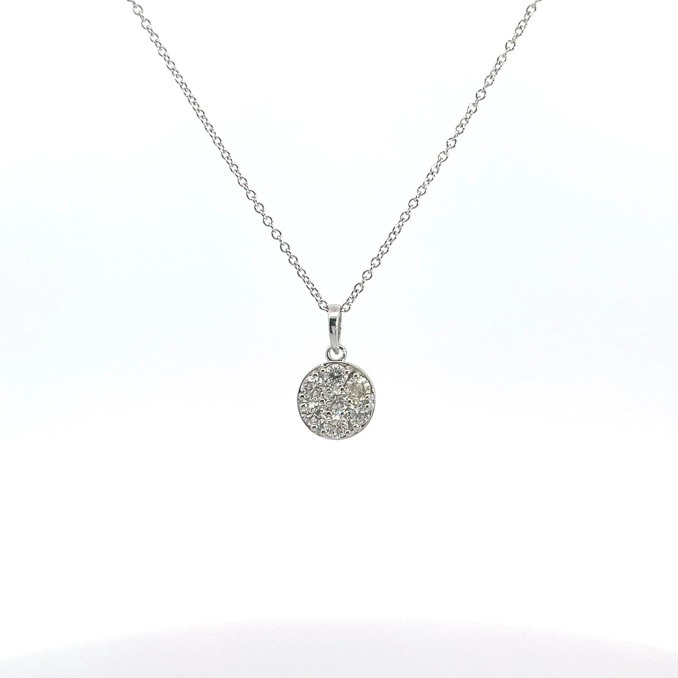 14K White Gold .52ct F VS2 Round Flower Diamond Cluster Pendant Necklace