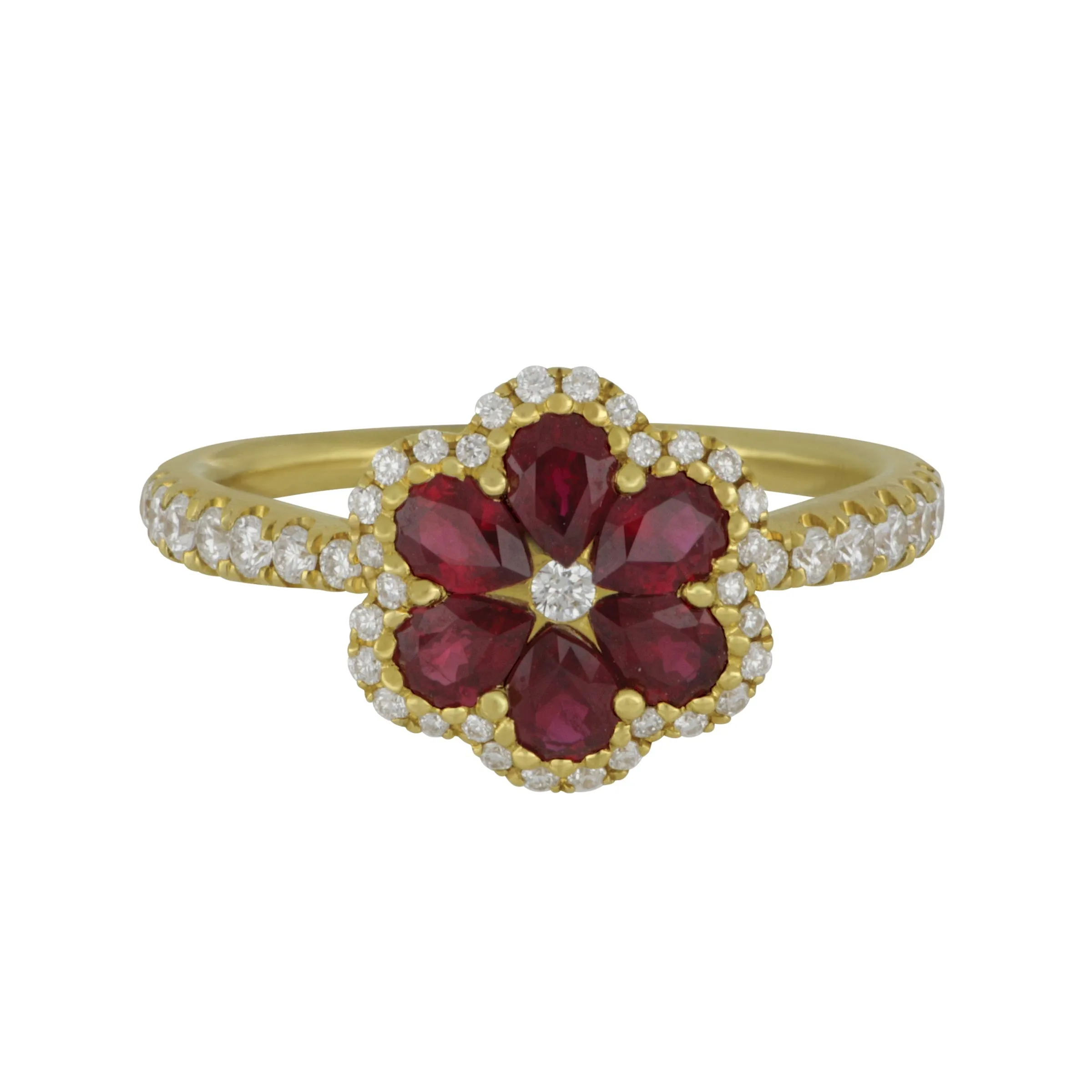 14k Yellow Gold Flower Ruby and Diamond Ring Size 6.5, RU=0.95tw D=0.35tw GH/SI