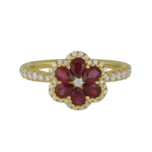 14k Yellow Gold Flower Ruby and Diamond Ring Size 6.5, RU=0.95tw D=0.35tw GH/SI