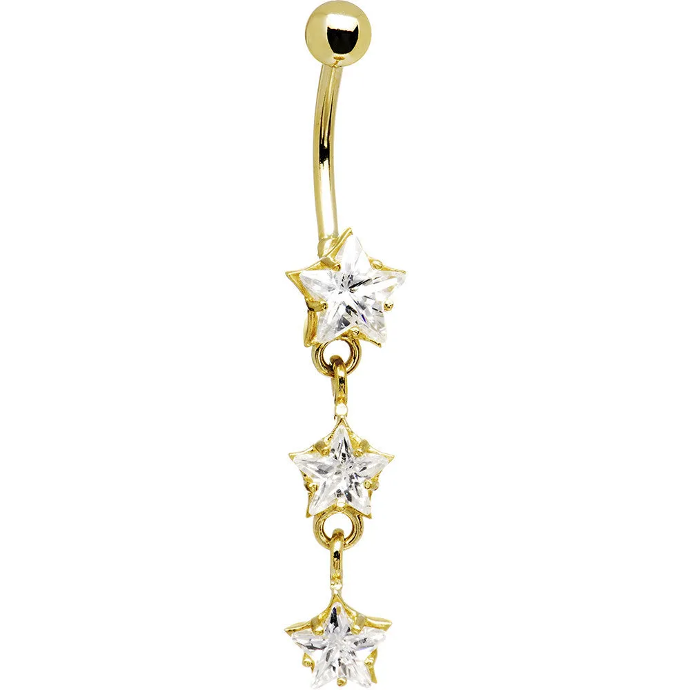 16 Gauge Solid 14kt Yellow Gold Zirconia Trio Star Belly Ring