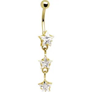 16 Gauge Solid 14kt Yellow Gold Zirconia Trio Star Belly Ring