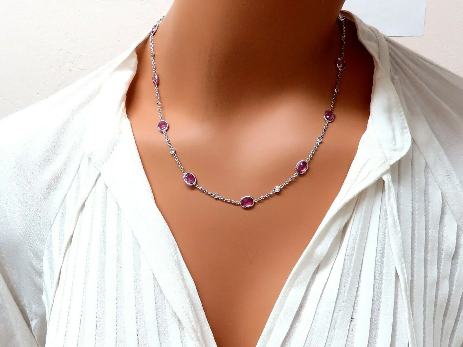 16.80ct. Natural Vivid Gem Bubble Gum Pink Sapphires Yard Diamond Necklace 14Kt