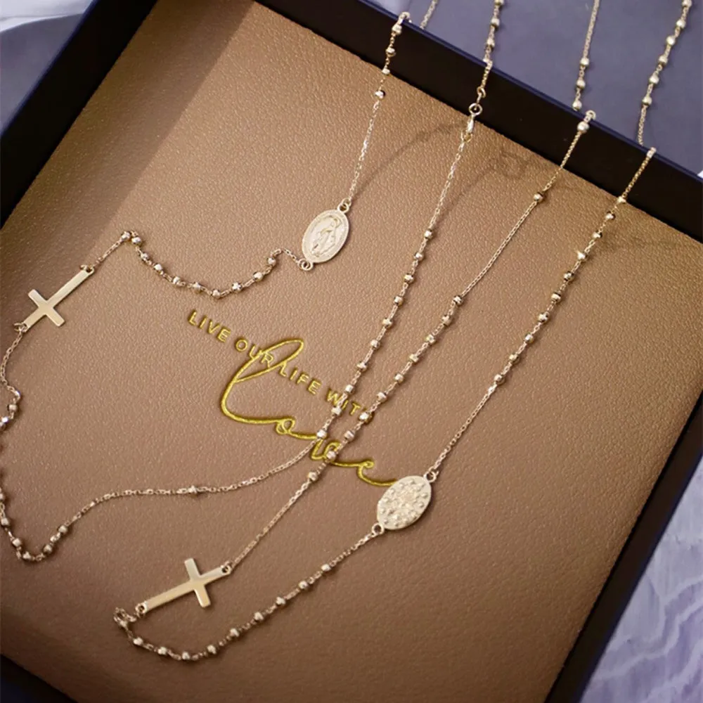 18K Solid Gold O Chain Bead Necklace Cross Virgin Mary Elegant Charm Jewelry