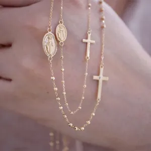 18K Solid Gold O Chain Bead Necklace Cross Virgin Mary Elegant Charm Jewelry