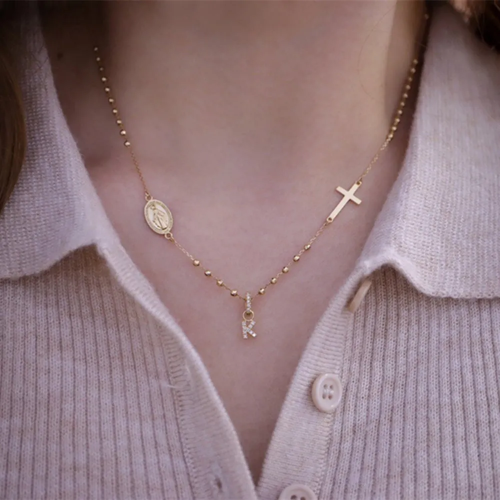 18K Solid Gold O Chain Bead Necklace Cross Virgin Mary Elegant Charm Jewelry