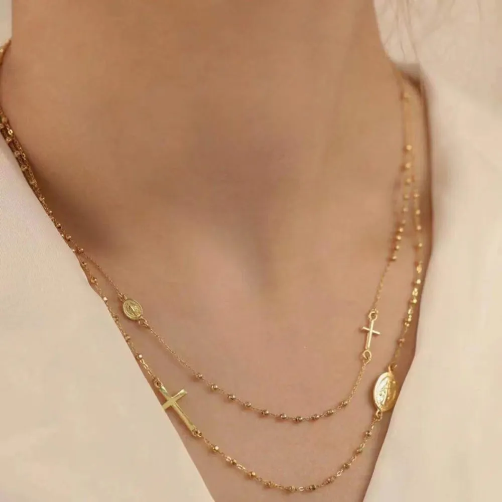 18K Solid Gold O Chain Bead Necklace Cross Virgin Mary Elegant Charm Jewelry