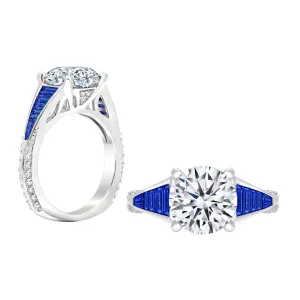 18k White Gold 10 Blue Sapphire Baguettes and Diamond Shank Engagement Ring for a 1ct Center