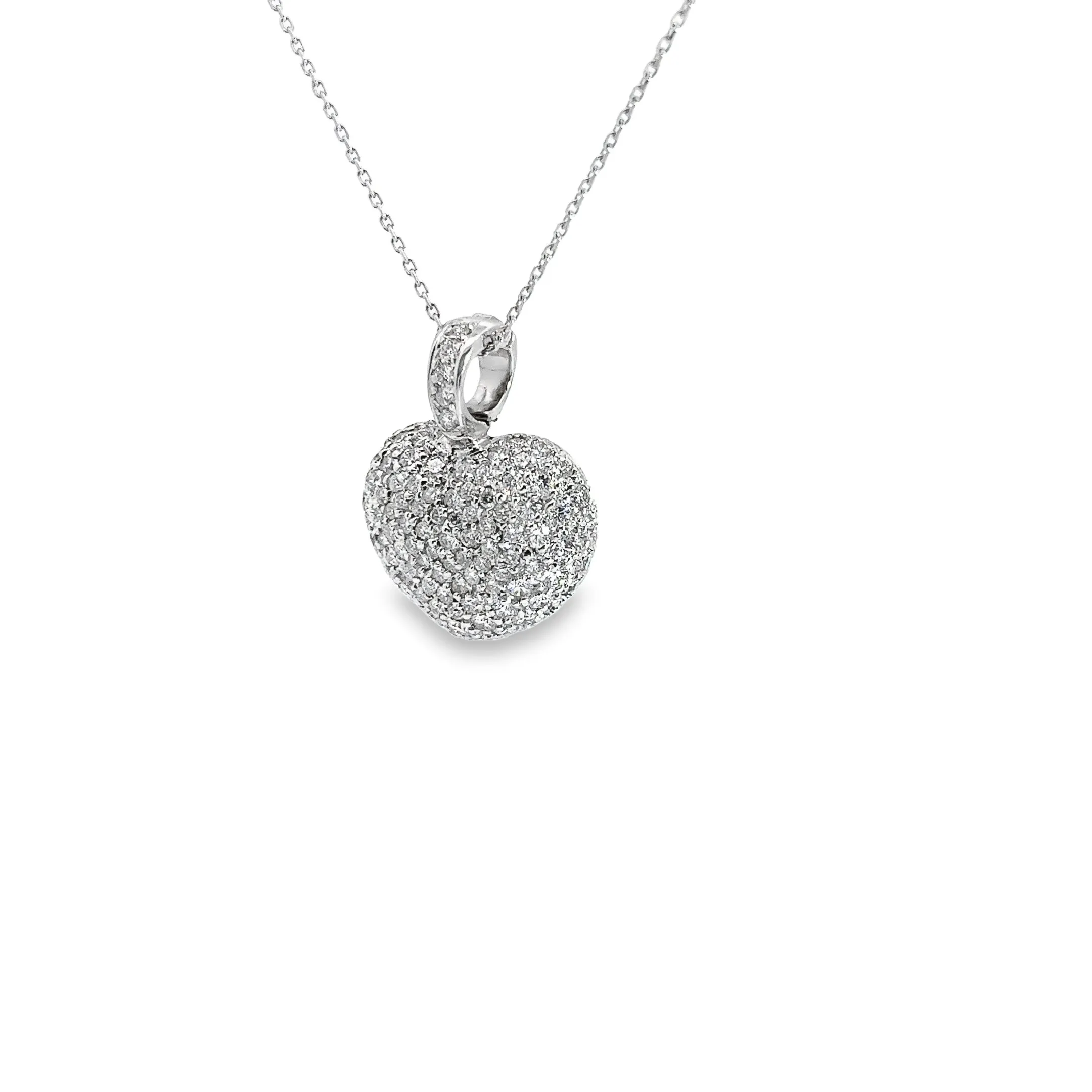 18k White Gold 2.00ct F VS2 Round Diamond Pave Puffed Heart Necklace