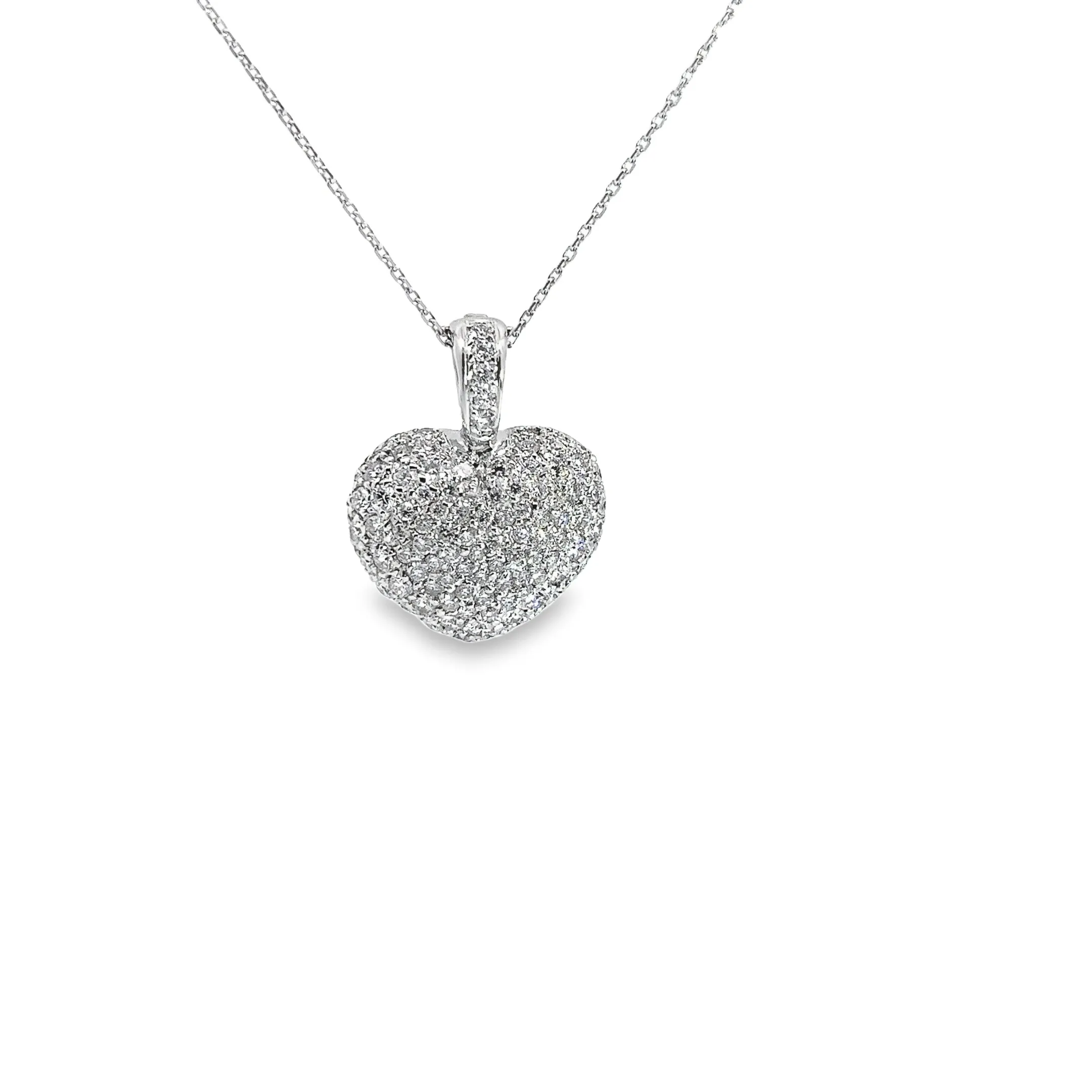 18k White Gold 2.00ct F VS2 Round Diamond Pave Puffed Heart Necklace
