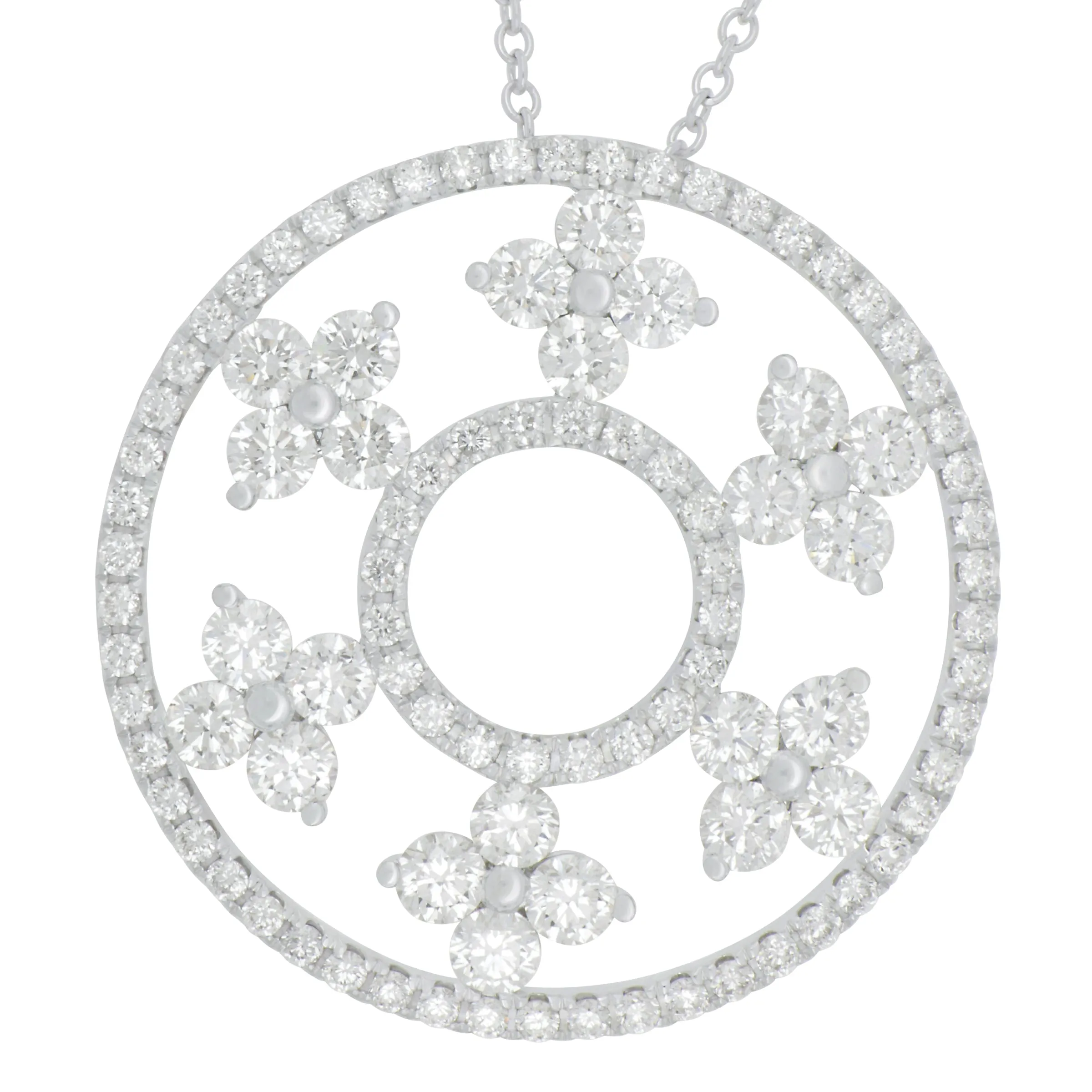 18k White Gold Double Circle with Six Flower Stations Diamond Necklace, D=2.90tw GH/SI