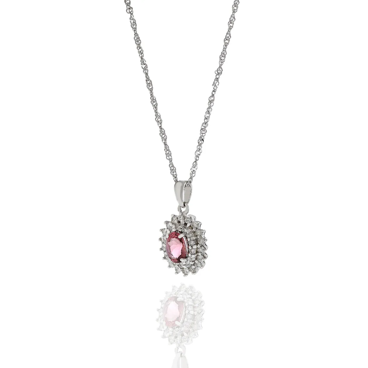 18KT White Gold Oval Pink Sapphire And Diamond Pendant Necklace