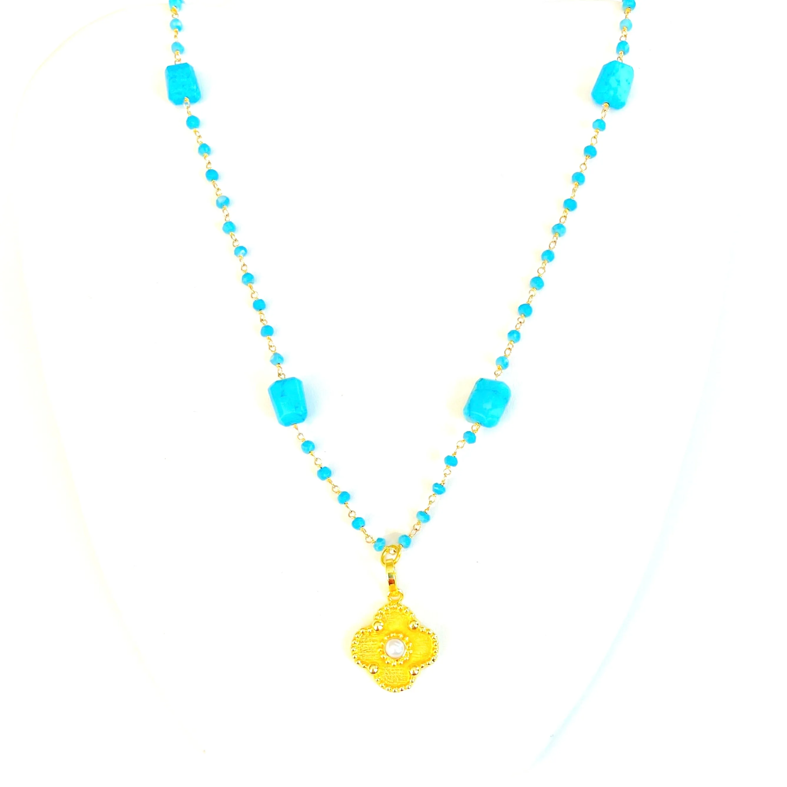 24k Gold-Filled Beaded Turquoise Chain Pendant Necklace 24”