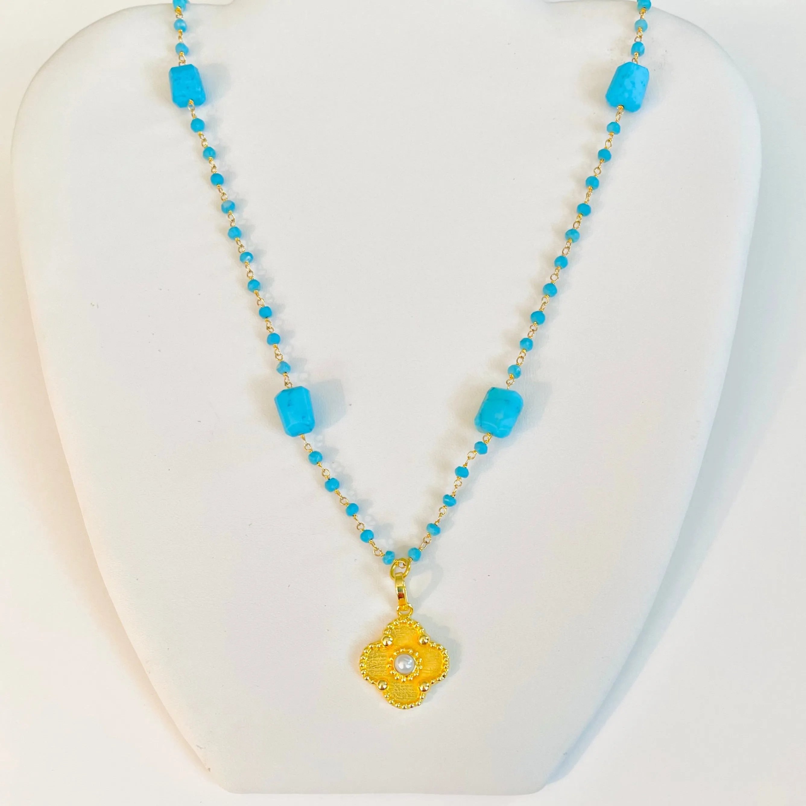 24k Gold-Filled Beaded Turquoise Chain Pendant Necklace 24”
