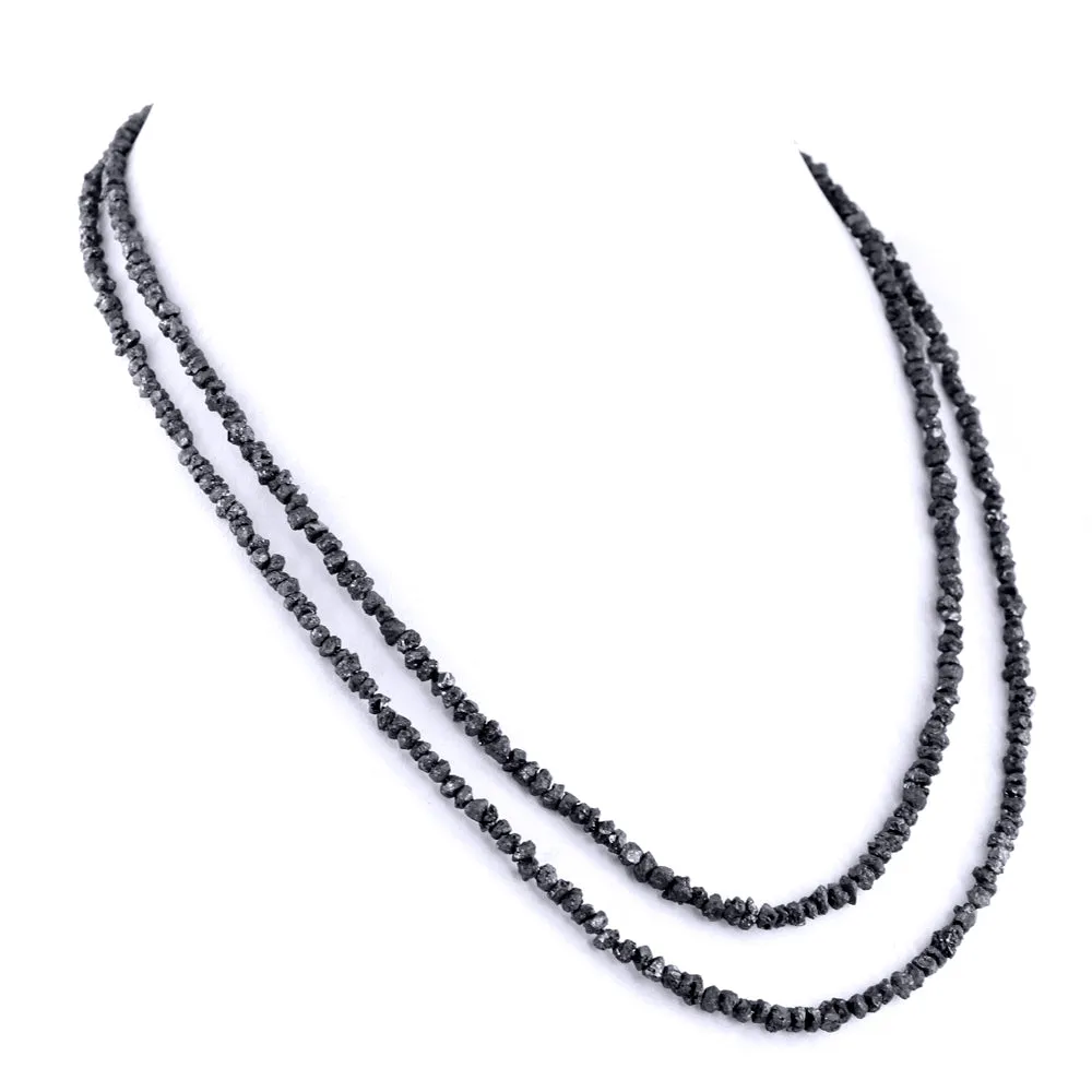 3-4 mm Two Row Rough Black Diamond Beads Necklace in 925 Silver Clasp. Very Elegant & Great Look