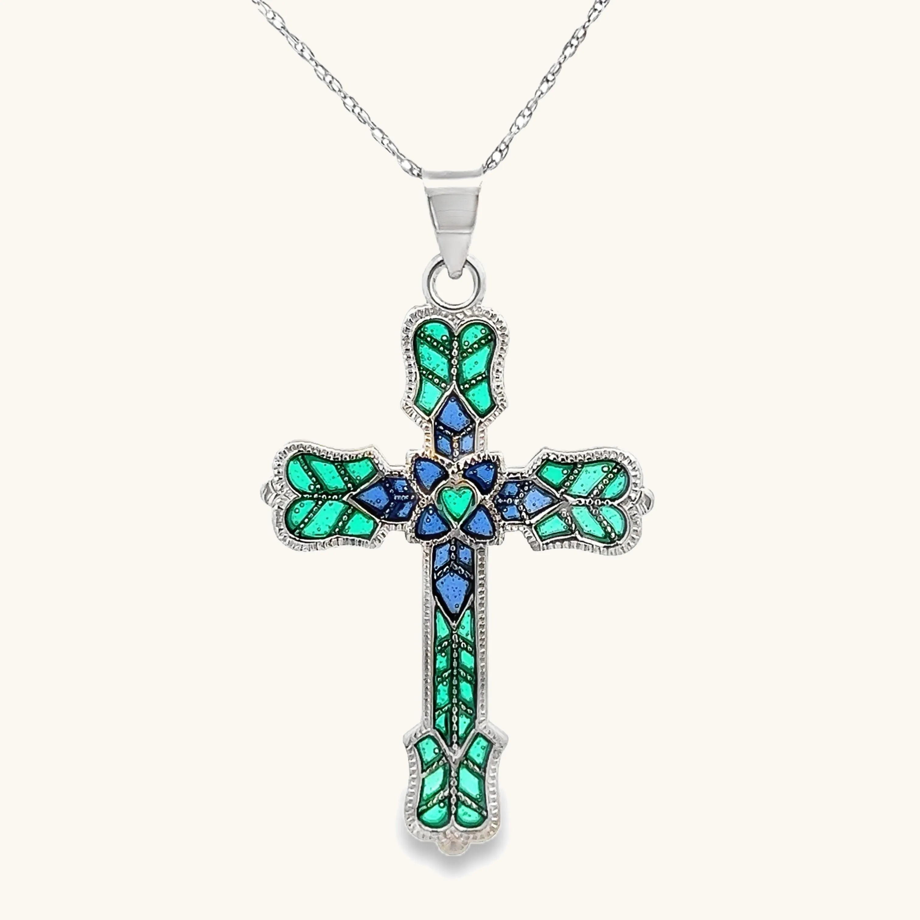 925 STERLING SILVER GREEN PLIQUE A JOUR CROSS NECKLACE