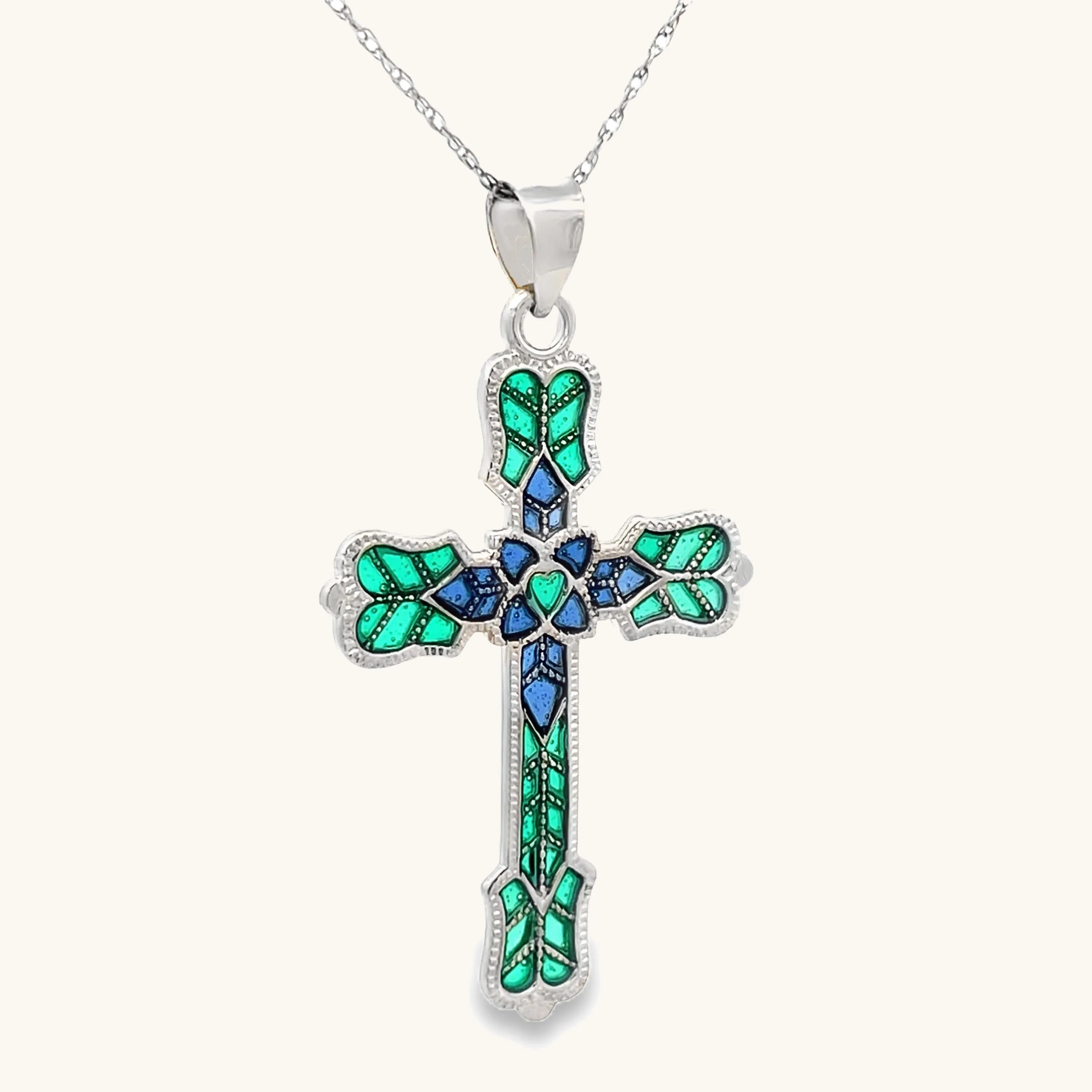 925 STERLING SILVER GREEN PLIQUE A JOUR CROSS NECKLACE