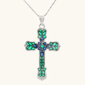 925 STERLING SILVER GREEN PLIQUE A JOUR CROSS NECKLACE