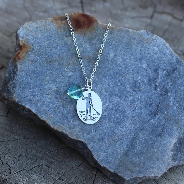 Adventure series sterling chain necklace with sterling stand-up-paddleboard girl pendant