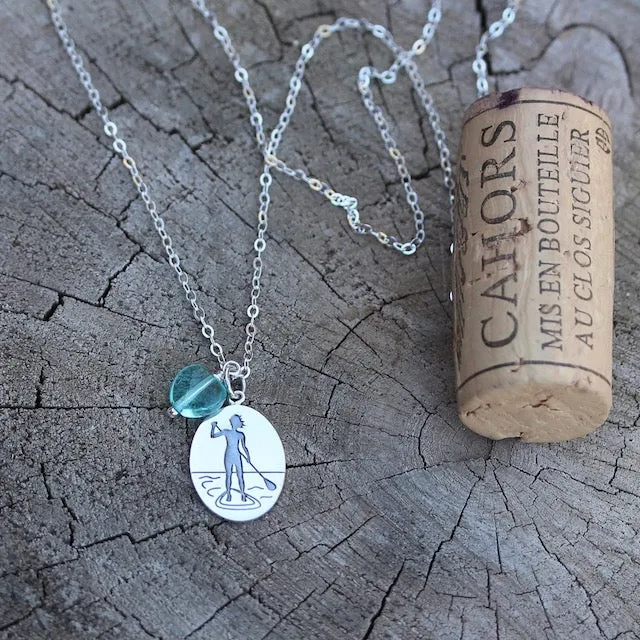 Adventure series sterling chain necklace with sterling stand-up-paddleboard girl pendant