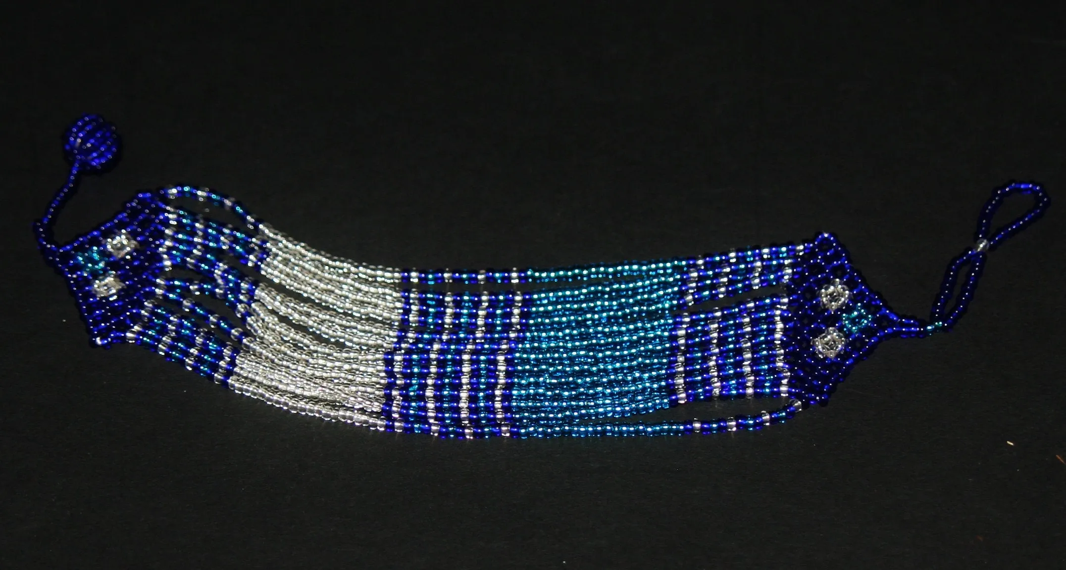 African Necklace Tribal Waterfall Design Blue White Matching Wrap Bracelet