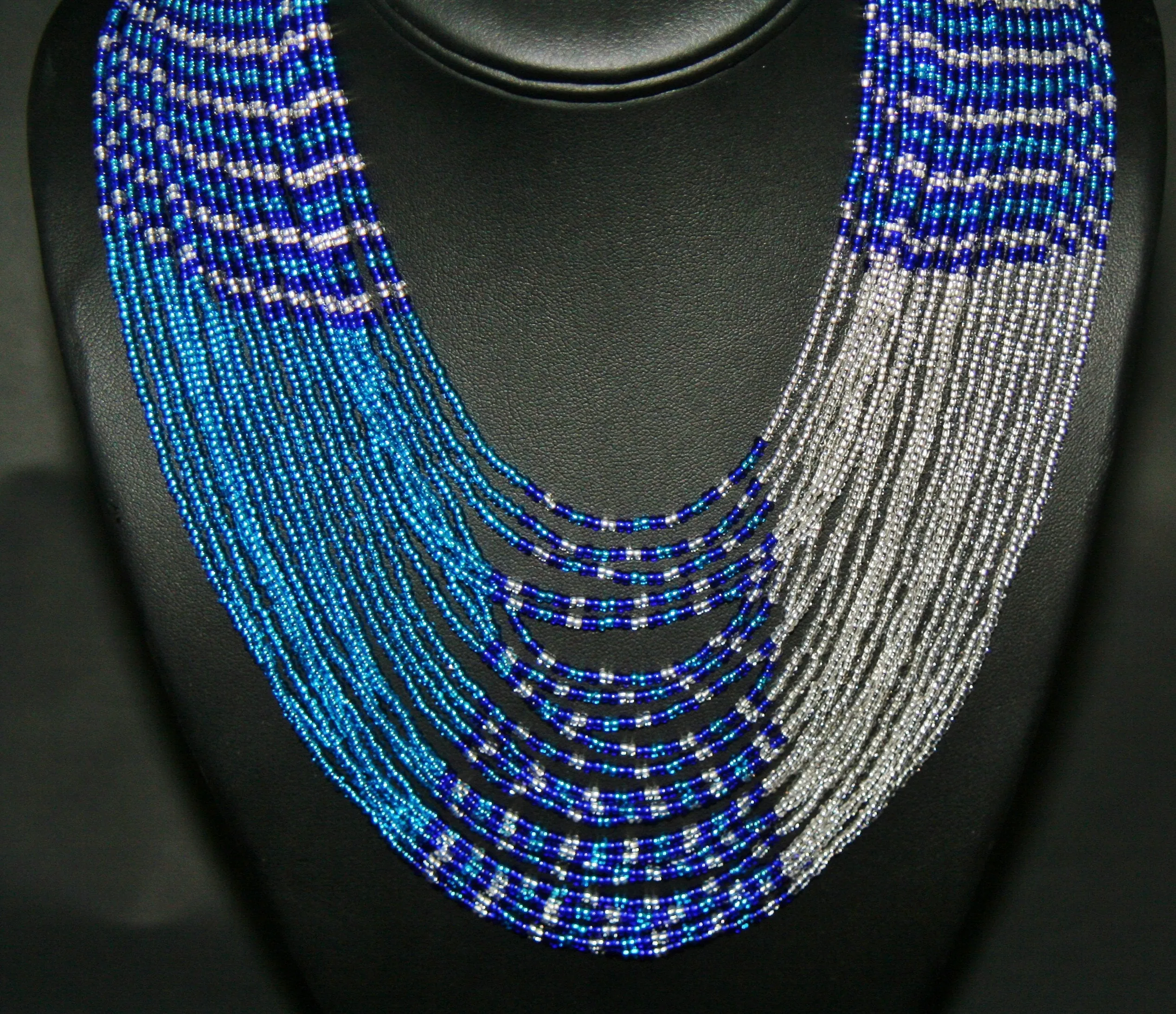 African Necklace Tribal Waterfall Design Blue White Matching Wrap Bracelet