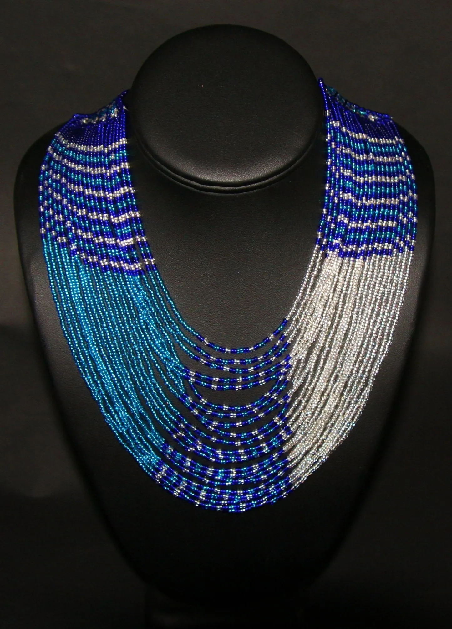 African Necklace Tribal Waterfall Design Blue White Matching Wrap Bracelet
