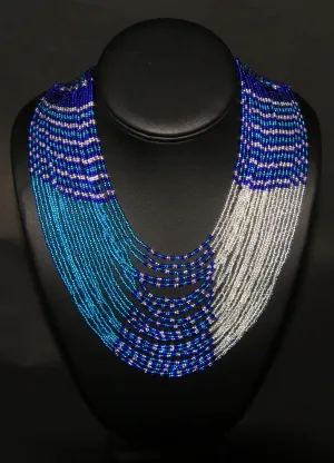 African Necklace Tribal Waterfall Design Blue White Matching Wrap Bracelet