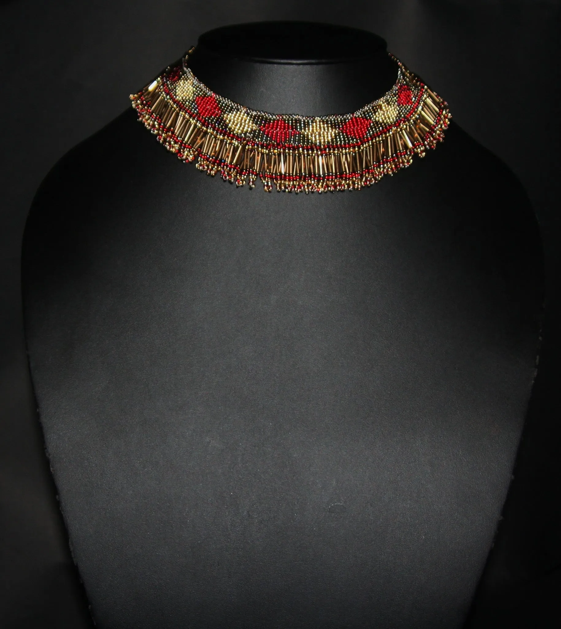 African Princess Beaded Tribal Necklace Red Gold Gray
