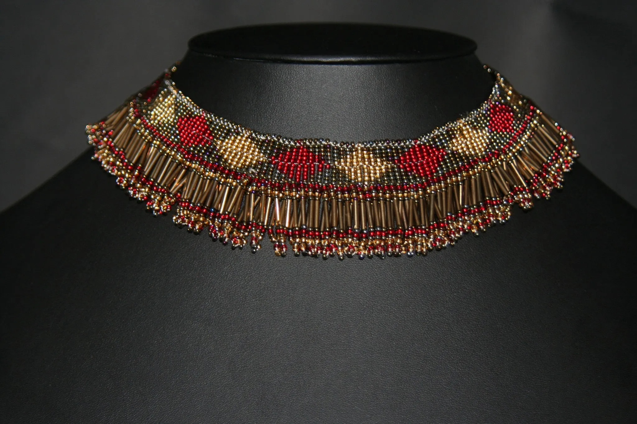 African Princess Beaded Tribal Necklace Red Gold Gray