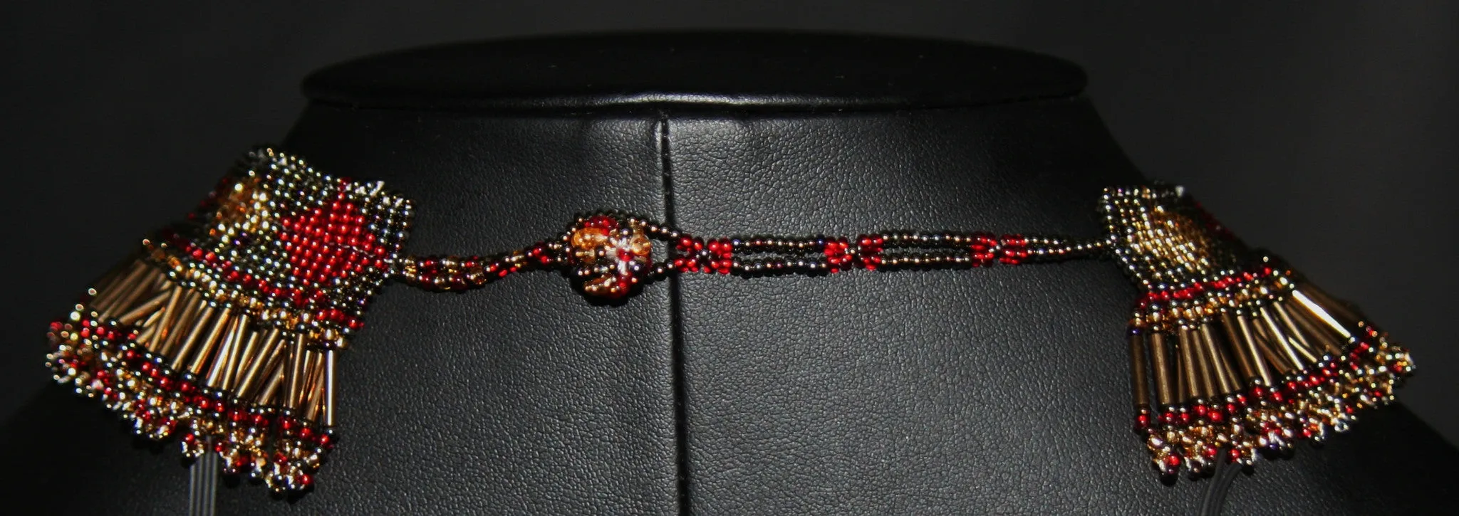 African Princess Beaded Tribal Necklace Red Gold Gray
