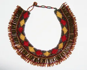 African Princess Beaded Tribal Necklace Red Gold Gray