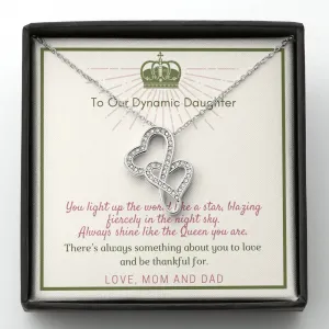 Always shine-Double Hearts Necklace for Daughter, From Mom & Dad