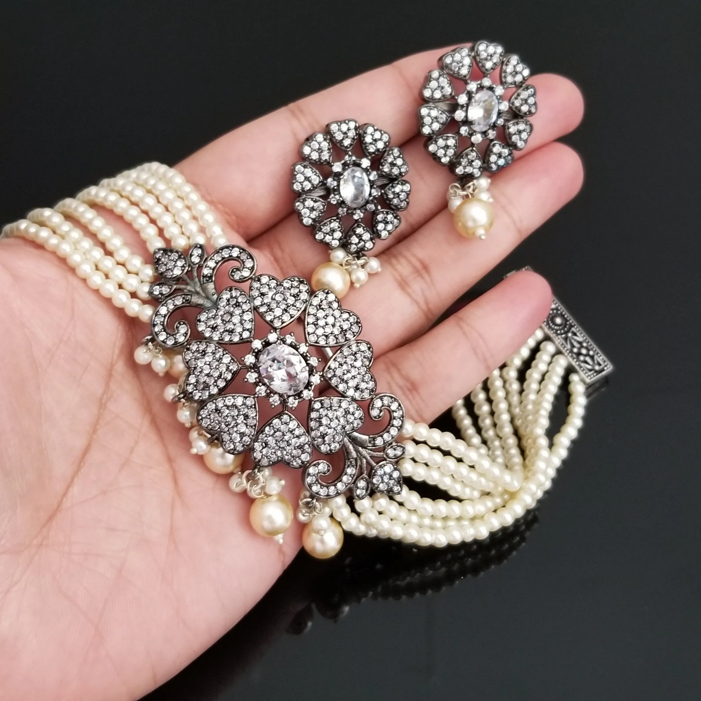 American Diamond Faux Pearls Choker With Victorian Plating 1728