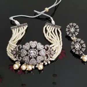 American Diamond Faux Pearls Choker With Victorian Plating 1728