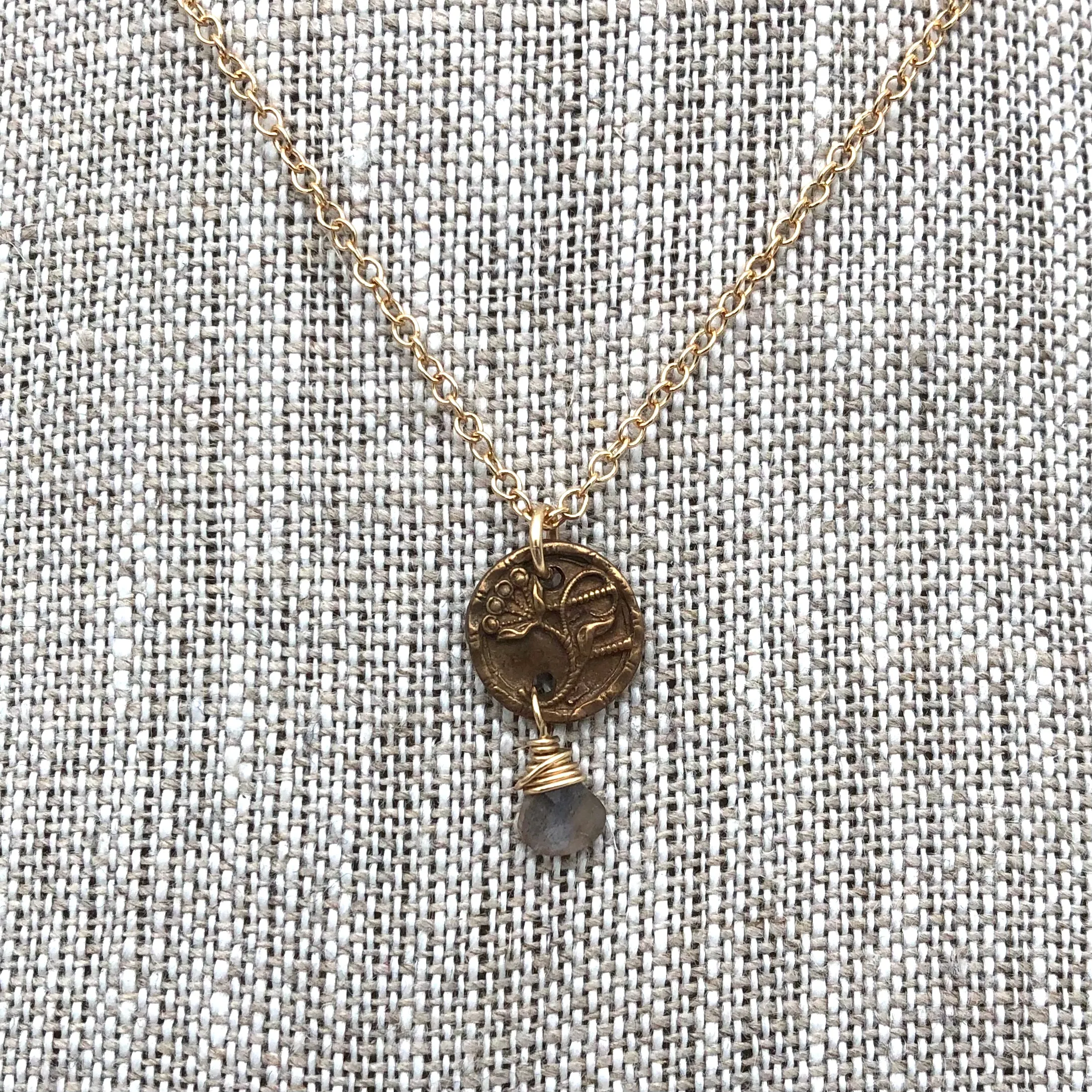 Angel Mercer - Necklace - Delicate Gold Chain (Vintage Button Pendant with Moonstone Gemstone)