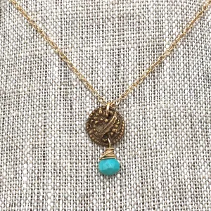 Angel Mercer - Necklace - Delicate Gold Chain (Vintage Button Pendant with Turquoise Gemstone)