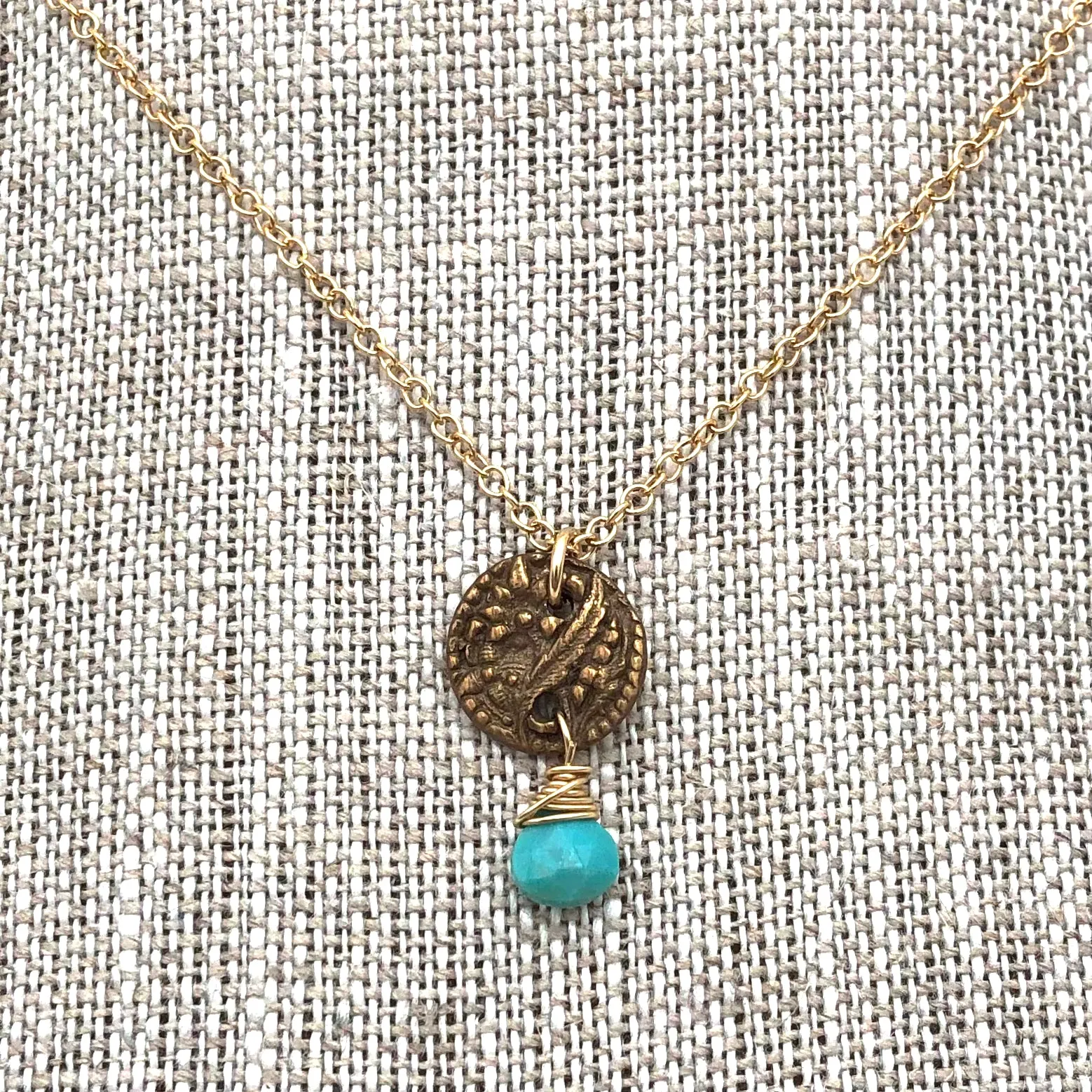 Angel Mercer - Necklace - Delicate Gold Chain (Vintage Button Pendant with Turquoise Gemstone)