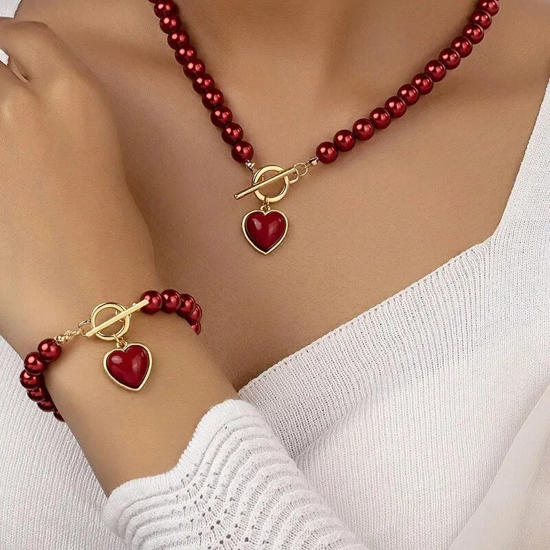 Beaded Heart Pendant & Bracelet Set