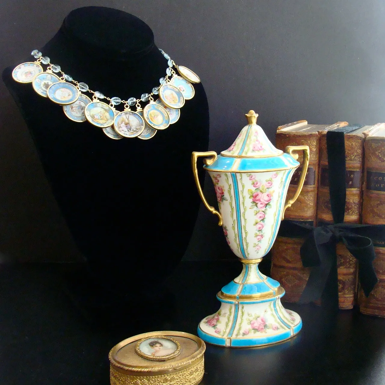 Blue Topaz Miniature Plates Charm Necklace - China Doll Aqua Blue Necklace