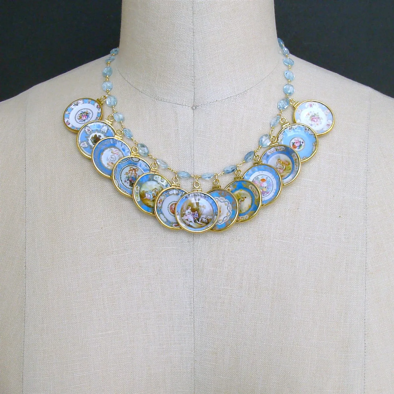 Blue Topaz Miniature Plates Charm Necklace - China Doll Aqua Blue Necklace