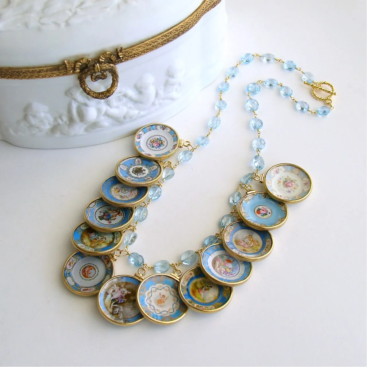 Blue Topaz Miniature Plates Charm Necklace - China Doll Aqua Blue Necklace