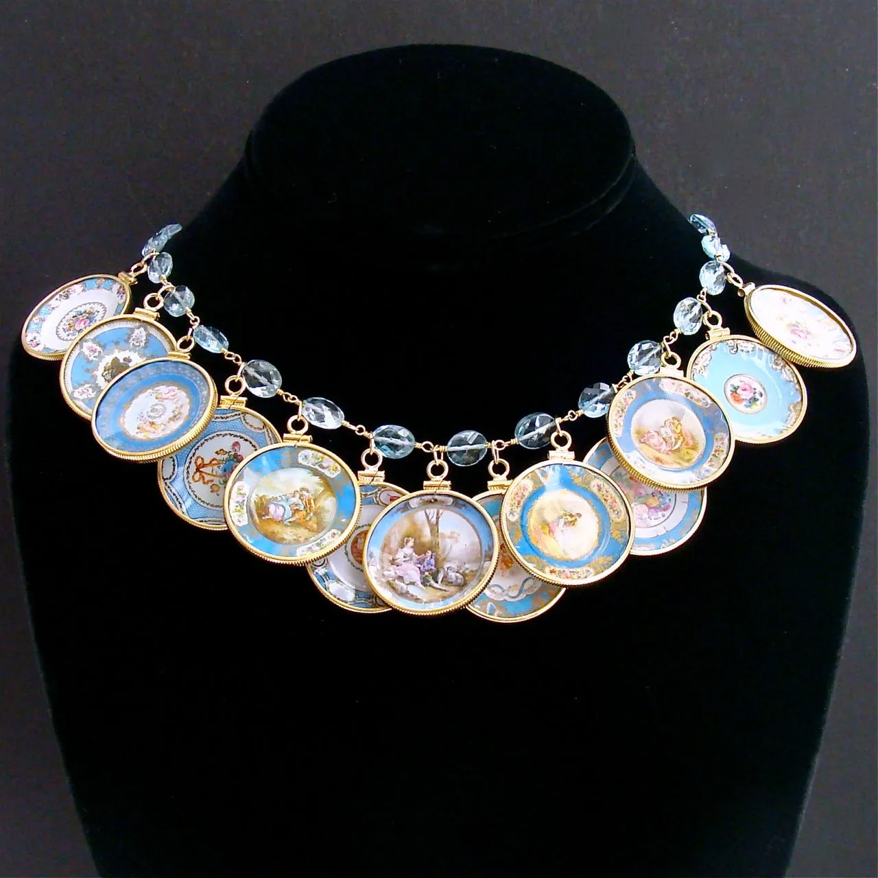 Blue Topaz Miniature Plates Charm Necklace - China Doll Aqua Blue Necklace